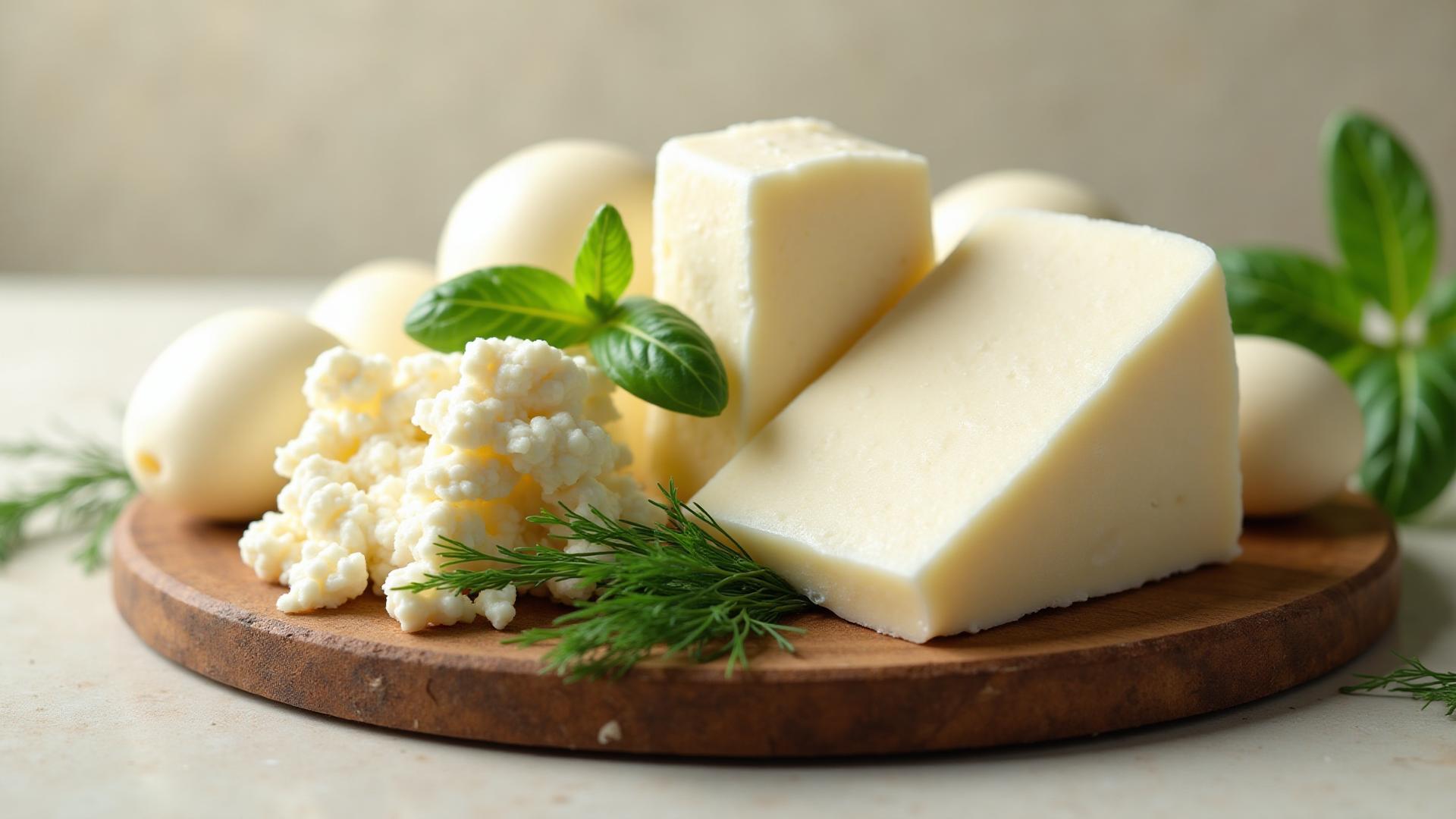Свежие белые рассольные сыры с зеленью на деревянной доске - натуральные рассольные сыры ручной работы Sanam Cheese
